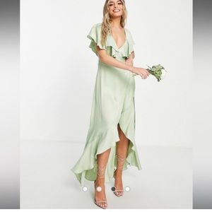 Topshop bridesmaid satin frill wrap dress in sage